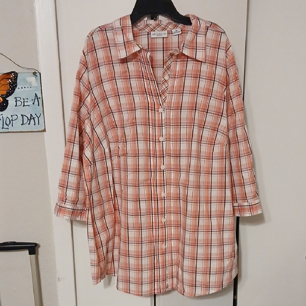 Liz Claiborne Orange Plaid Button Down Shirt